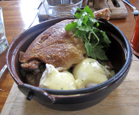 Carol’s duck confit hash with poached eggs, hollandaise sauce