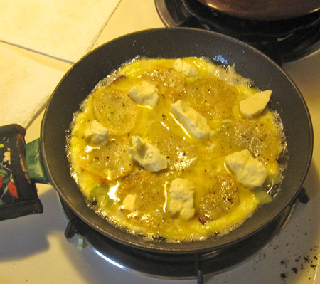 add celery, eggs, more potatoes and cheese curd… cook at very low heat until it sets… 