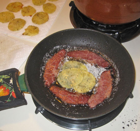 start the frittata with a layer of corned beef and potato