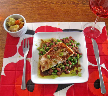 potato salad, oven roasted halibut on bean salad with ponzu soy vinaigrette