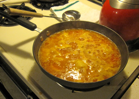 wine and broth added, ready for the fish and seafood
